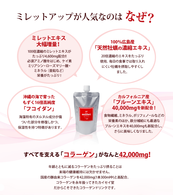回生堂ミレットアップが人気の理由:カイセイ堂だけにできる高配合の栄養たっぷりコラーゲンドリンクで納得の実感力
